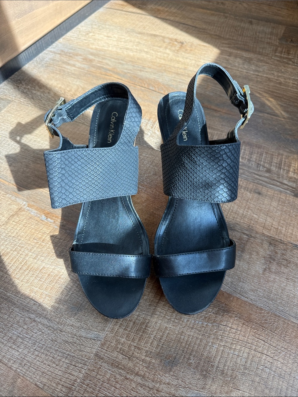 Calvin Klein Black Textured Strap Block Heel Wedges